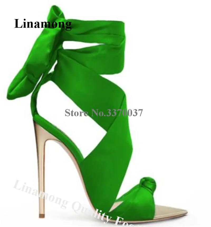 

Satin Straps Cross Gladiator Sandals Linamong Women Elegant Pointed Open Toe Green Yellow Stiletto Heel Wedding Dress Shoes