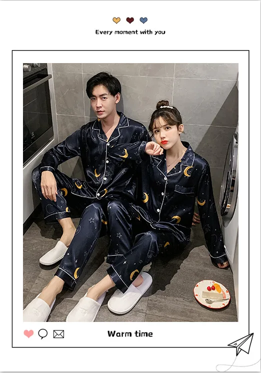The Autumn Couple Silk Pajamas Sets Cartoon Star Printing Sleepwear for Women Men Nightwear Spring Casual Homewear Sleep Lounge