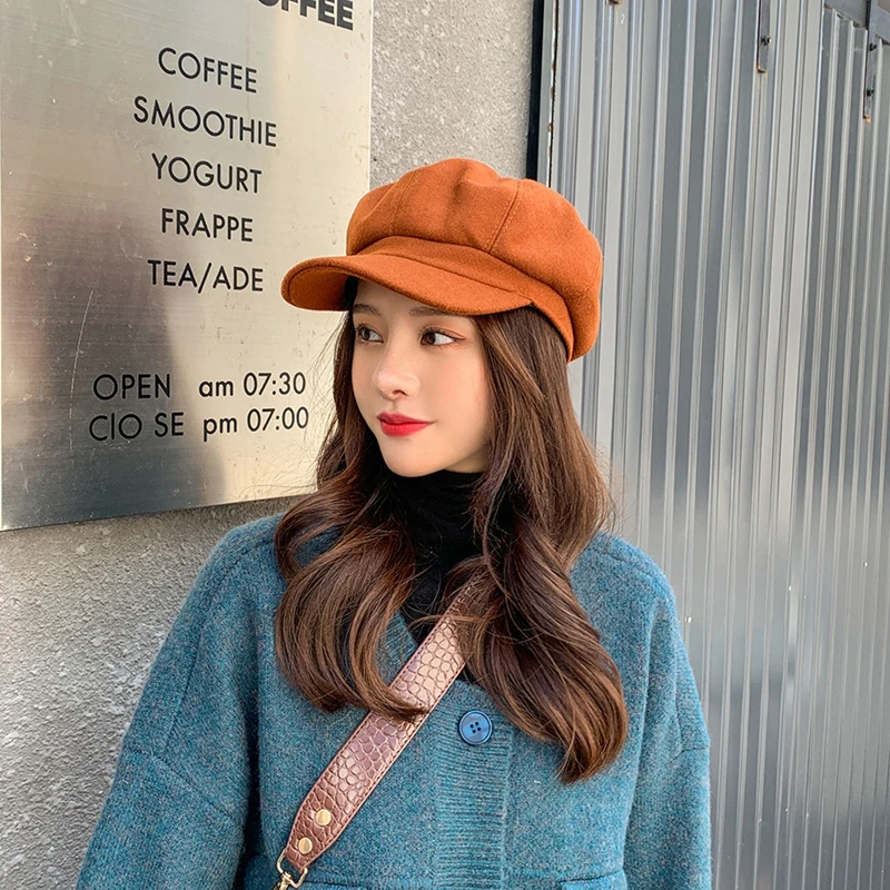 

Fashion Plain Octagonal Cap Ladies Hats Autumn Winter Hats for Women Casual Wool Hat British Retro Beret Painter Caps