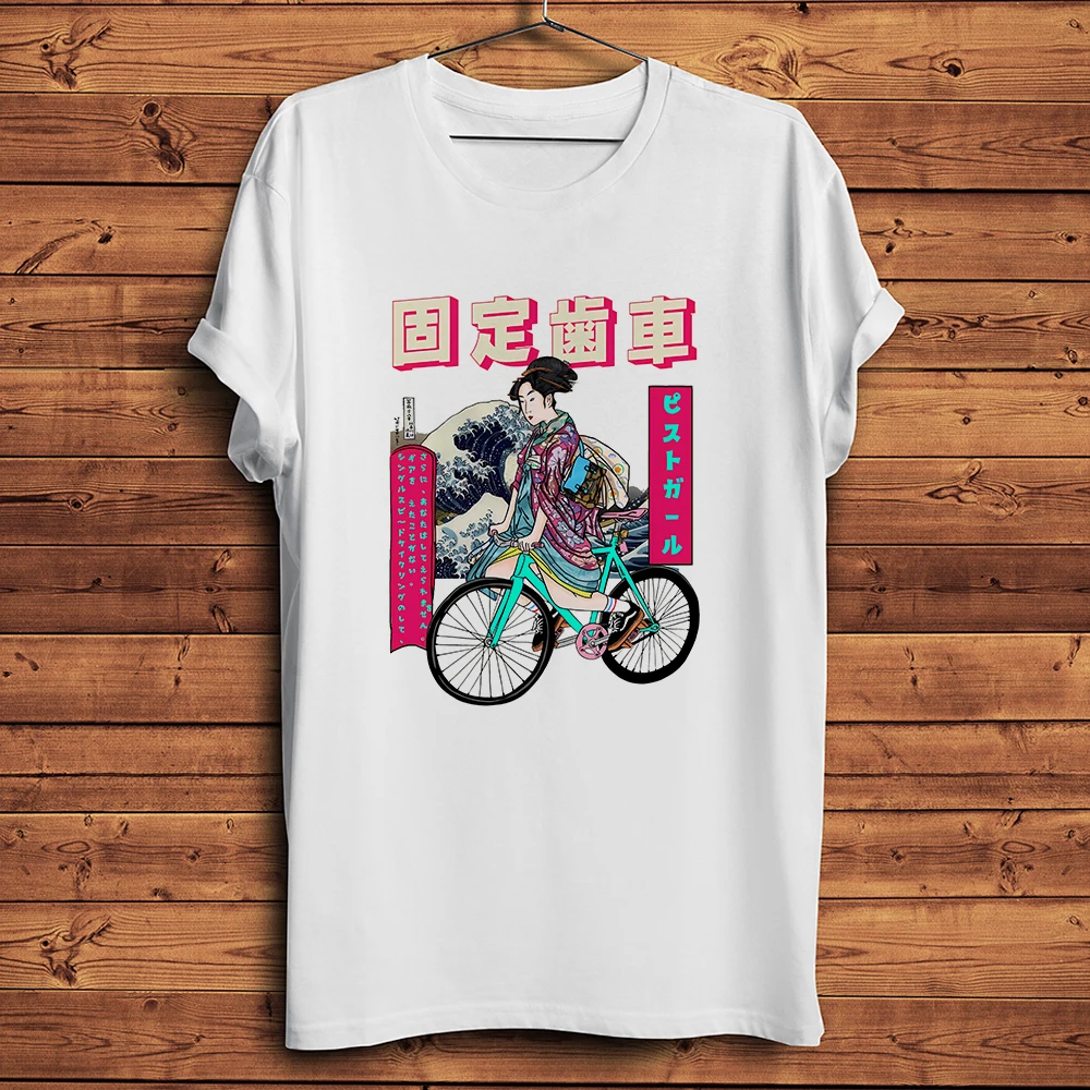 Фото Велосипед Geisha Fixed Gear, велосипед Fixie, забавная винтажная футболка Nihon Ukiyo, короткая повседневная футболка унисекс, дышащий принт, не мнется. №1