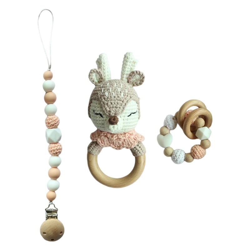 

3 Pcs Wooden Teether Ring Crochet Deer Elk Rattle Baby Pacifier Chain Clip Set