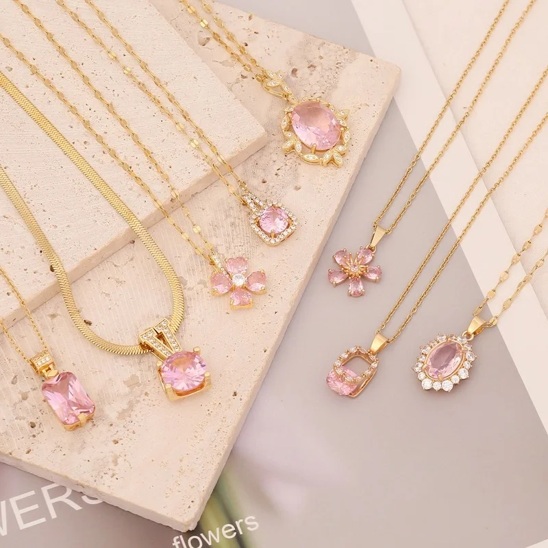 

Pink Luxury Crystal Pendants Necklace for Women Cute Vintage Necklaces Gold Collares Chains Kpop Jewelry Choker Collar Collier