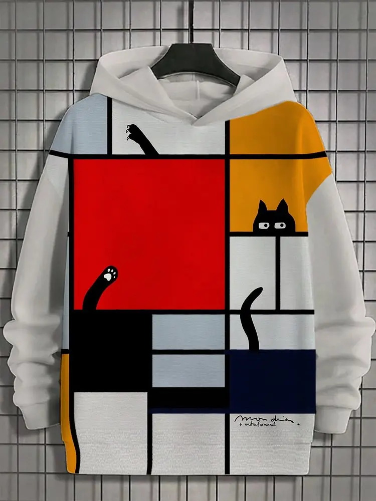 2025 мужские толстовки с забавным котом Mondrian разноцветные блоки толстовка 3D