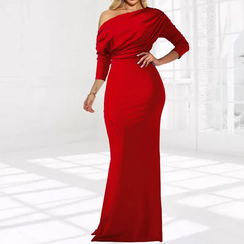 

2021 New Elegant Banquet Women New Summer Club Sexy One Shoulder Long Sleeve Casual Slim Split Long Party Dresses Solid Color
