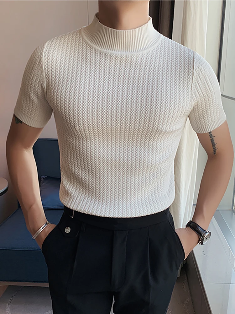 

Casual Simple All-match Solid Knitted Tops Pullover Men Summer Short Sleeve Mock Neck T-shirts Mens Fashion Slim Fit Tee Shirt
