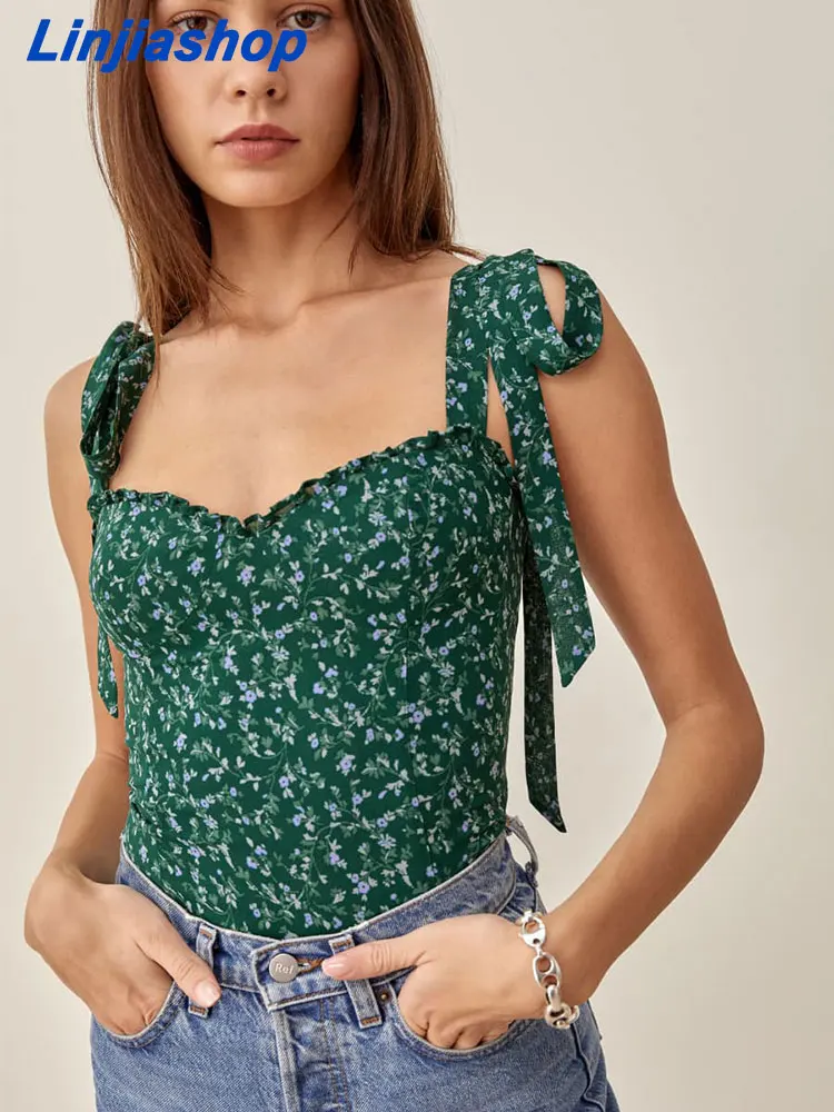 

Summer women camisole french style floral print crop top folk lace up green elastic tank top 2022512
