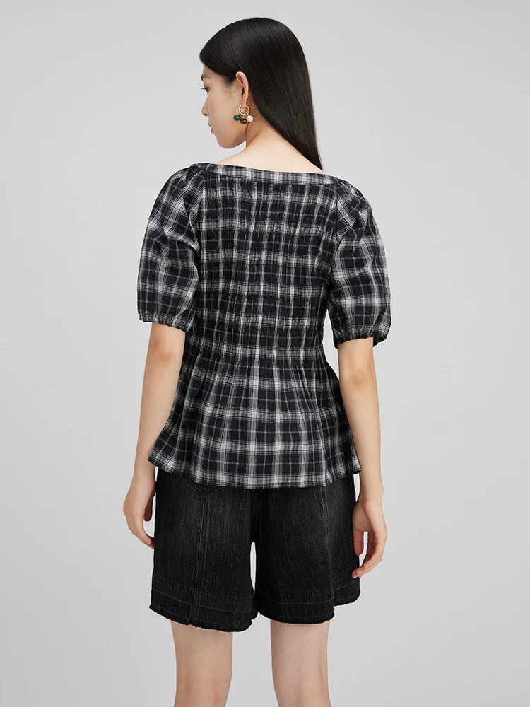 Трансляция клетчатая рубашка с объемными рукавами и квадратным воротником