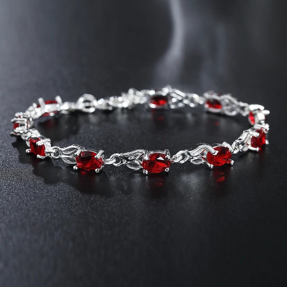 

Red Aaa Zircon Charm Bracelet & Bangle for Women Plata with S925 Stamp Sliver Color Heart Wedding&birthday Vintage Jewelry
