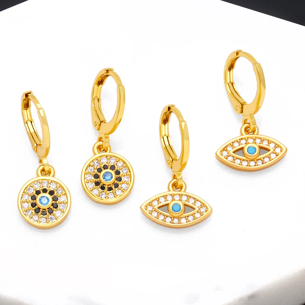 

FLOLA Simple Gold Plated Hoops Evil Eye Earrings for Women Copper CZ Rhinestone Blue Eye Huggie Earrings Lucky Jewelry ersa258