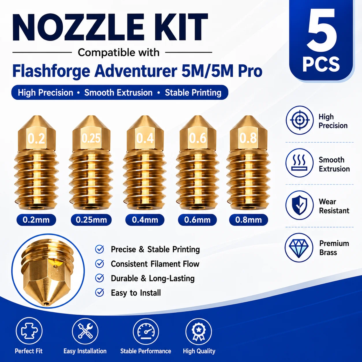 Фото Для Flashforge Adventurer 5M (AD5M) комплект хотэндов: латунное сопло и сопло из закаленной стали, размеры отверстий: 0.2мм / 0.25мм / 0.4мм / 0.6мм №1