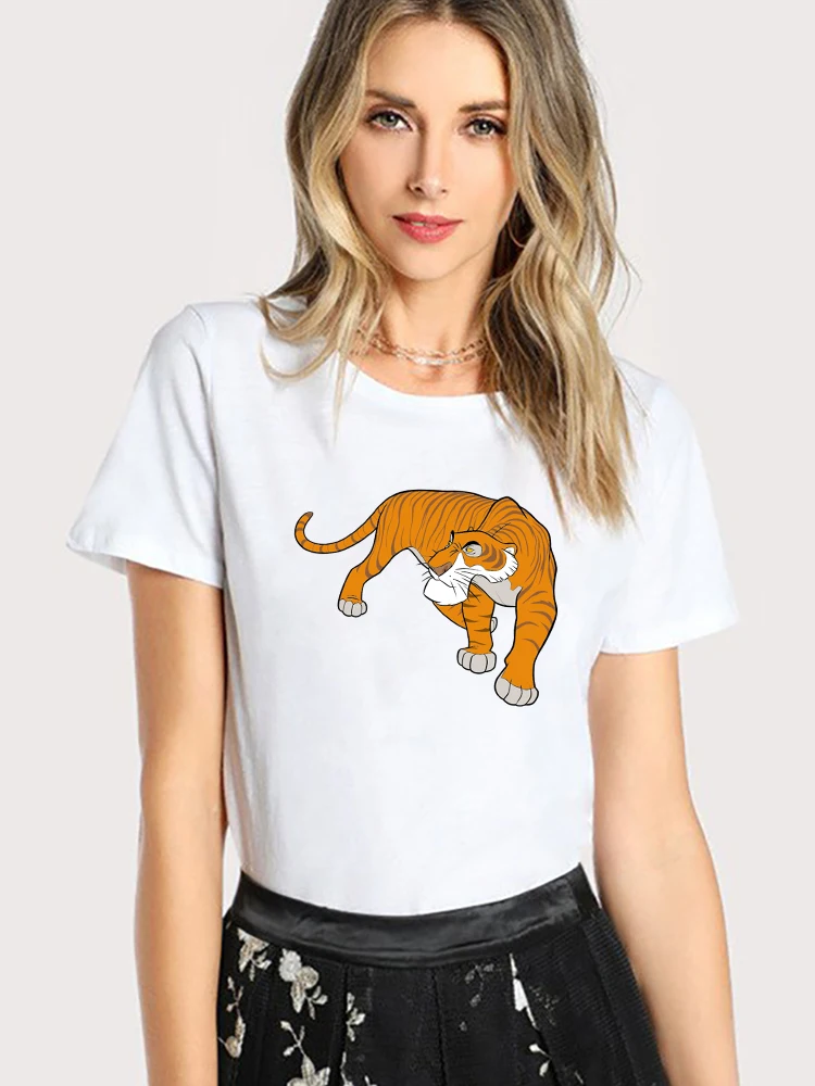 

Disney Women T Shirt White Shere Khan Cartoon Print Graphic Short Sleeve Casual Basic Tops Popular High Quality Female T-Shirt