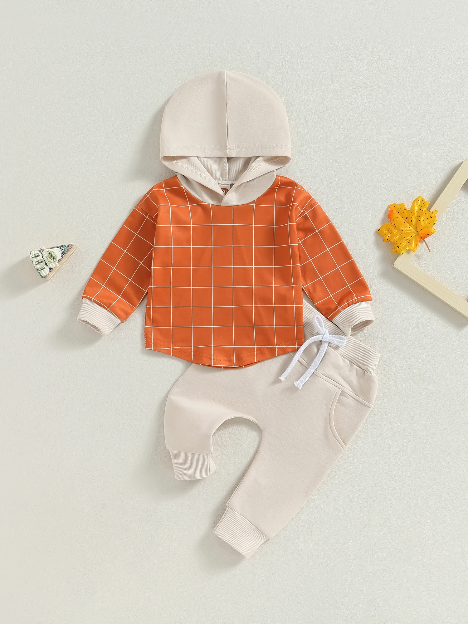 

Осенняя одежда для маленьких мальчиков, свитшот с длинным рукавом и принтом в клетку и брюки с эластичным поясом, 2 предмета