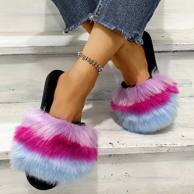 Autumn-Winter 2022 New Plush Women's Slippers Europe And The United States Cotton Rainbow color Fashion Casual Women's Slippers