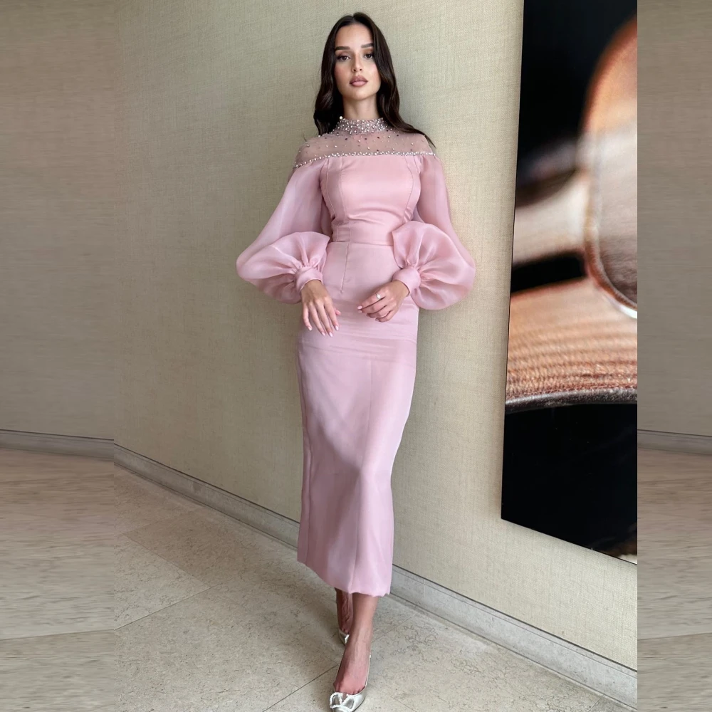 

Carolina High Neck Mermaid Evening Dresses Women Puffy Sleeves Organza Sequined Wedding Guest Elegant Formal Party Gowns