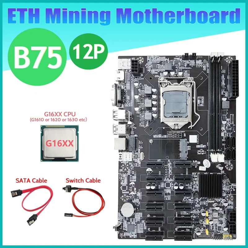 NEW-B75 ETH Mining Motherboard 12 PCIE+G16XX CPU+SATA Cable+Switch Cable LGA1155 MSATA DDR3 B75 BTC Miner Motherboard