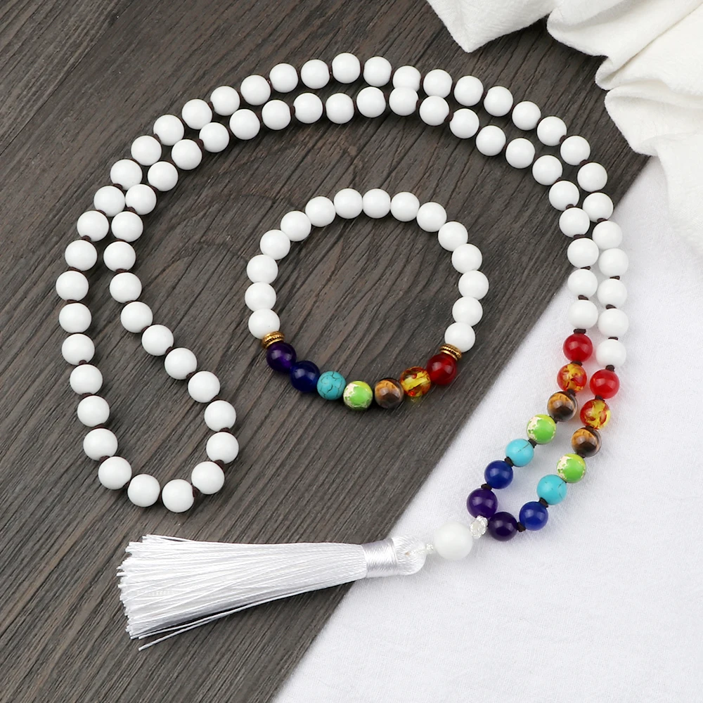 

Natural 6MM 8MM White Porcelain Chakra Beaded Necklace&Bangle Women Men Yoga Energy Healing Couple Bracelet Pulsera Jewelry Gift