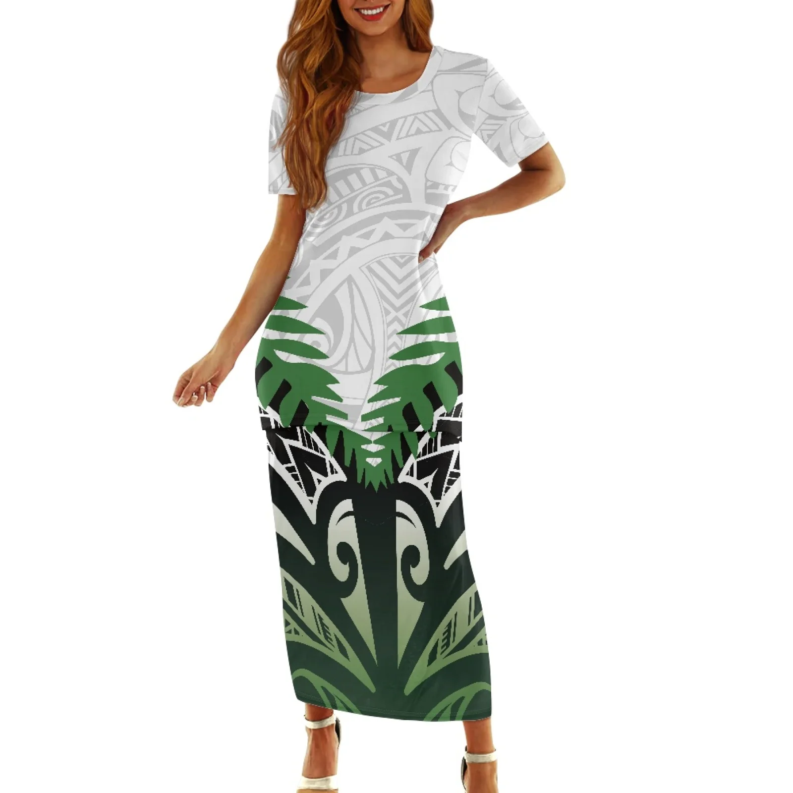 

Polynesian Tribal Tongan Totem Tattoo Tonga Prints Elegant Short Sleeve Rond Neck Dress Tennis Party Leaf Print Two Pieces Set