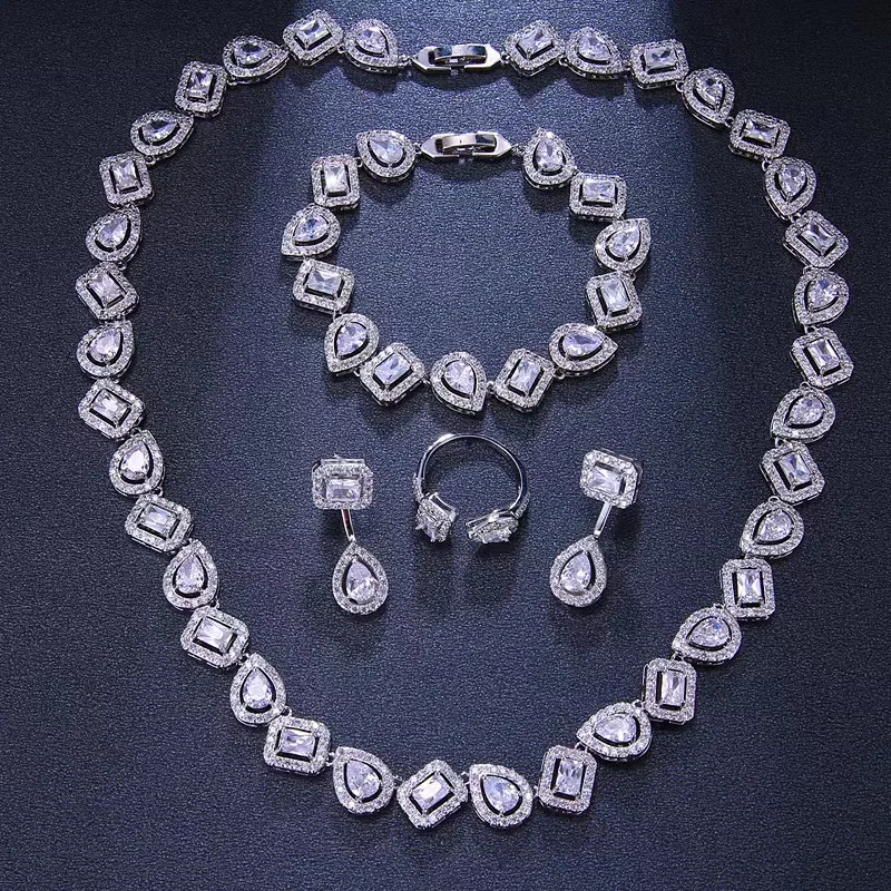 EYER 4pcs Geometry Charm Jewelry Sets for Women Party Wedding Statement AAA Full Cubic Zirconia Necklace Bracelet Earrings Ring