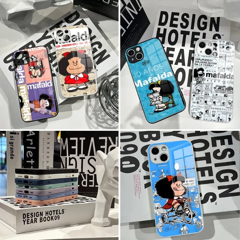 

Mafalda Phone Case For IPhone 14Pro 13 11 12 XR XS MAX 7/8 X Plus 13 Black & White Couple Glass Covers