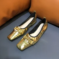 crocodile pattern metal buckle women flat shoes square toe vintag slip on ballerina shallow ballet flat loafer shoes
