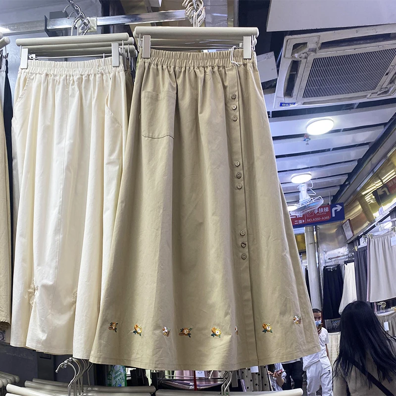 

French Chic Embroidery Floral Midi Skirt Woman Elastic High Waist Female Pleated Skirts Button Casual Women Clothes Dropshipping