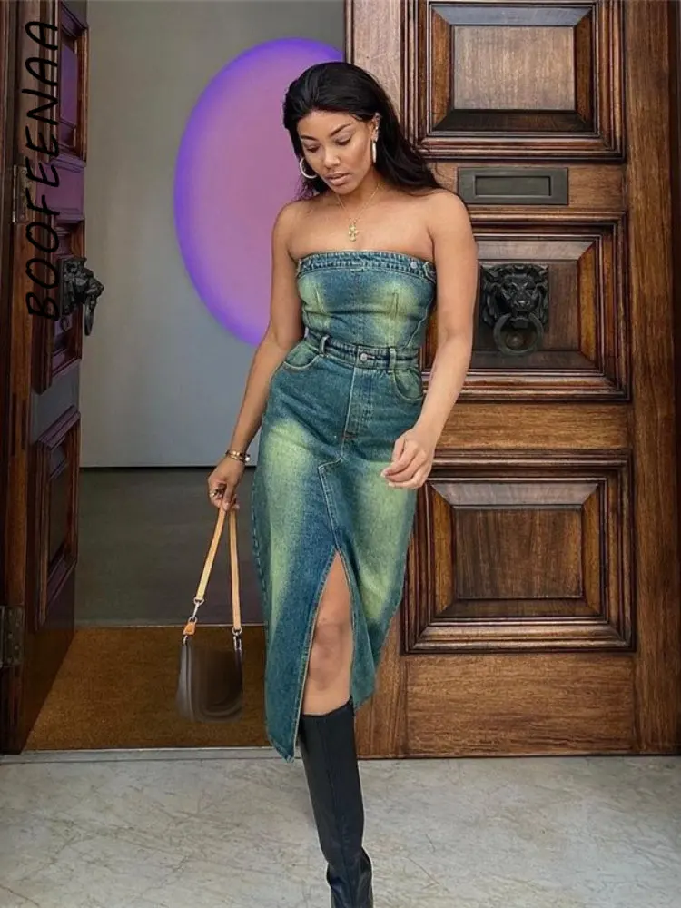 

BOOFEENAA Y2k Street Style Denim Two Piece Sets Womens Outfits Tube Top and Long Skirt Suit Retro Sexy Women Dress C71-IA54