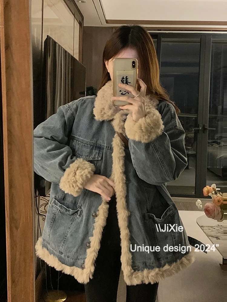 Thickened Fleece-lined Quilted Lamb Wool Denim coat Women Winter Cotton-Padded Clothes High Sense Berber Fleece Parker ...