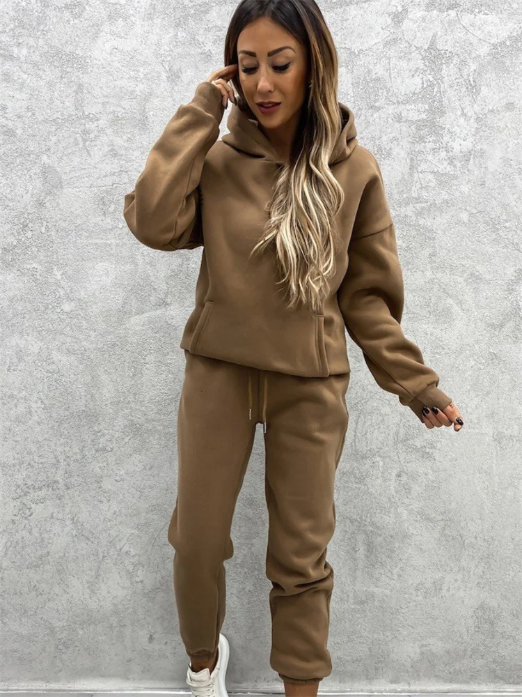 

Women Tracksuit Two Piece Set Solid Yellow Fall Winter Hoodies Sweatshirt +Pant Sweat Suits Pocket 2 Piece Outfits Matching Sets