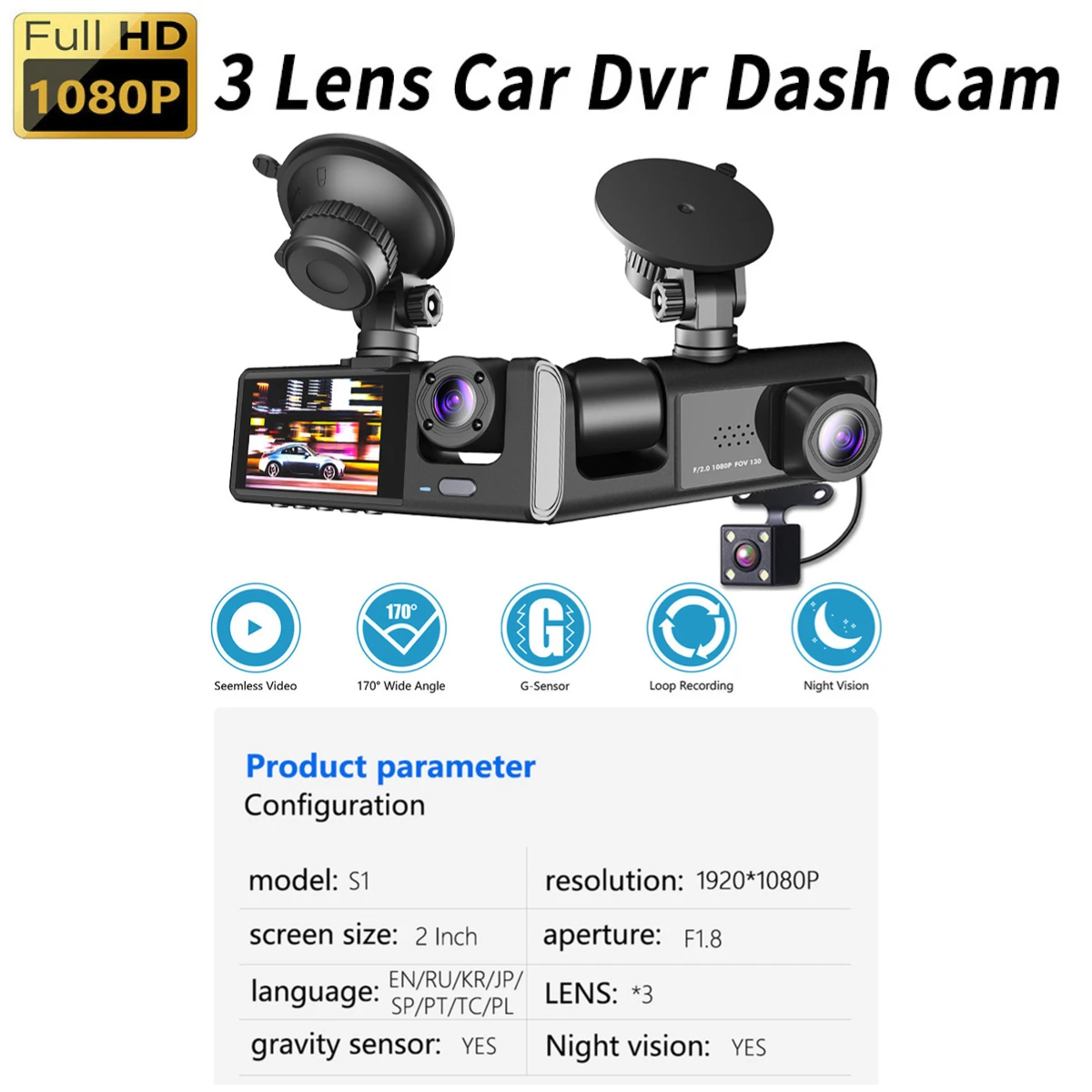 2 Inch Car Driving Video Recorder Rear View 3 in 1 Dash Camera Recorder Motion Detection 170 Degree Wide Angle Auto Accessories