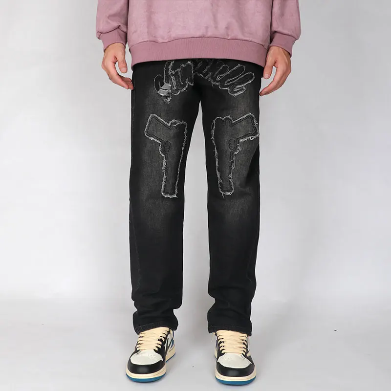 Pistol Patch Jeans Men Hip Hop Harajuku Straight Pant Trousers Streetwear Loose Casual Washed Jogging Y2K Retro Denim Pants Male
