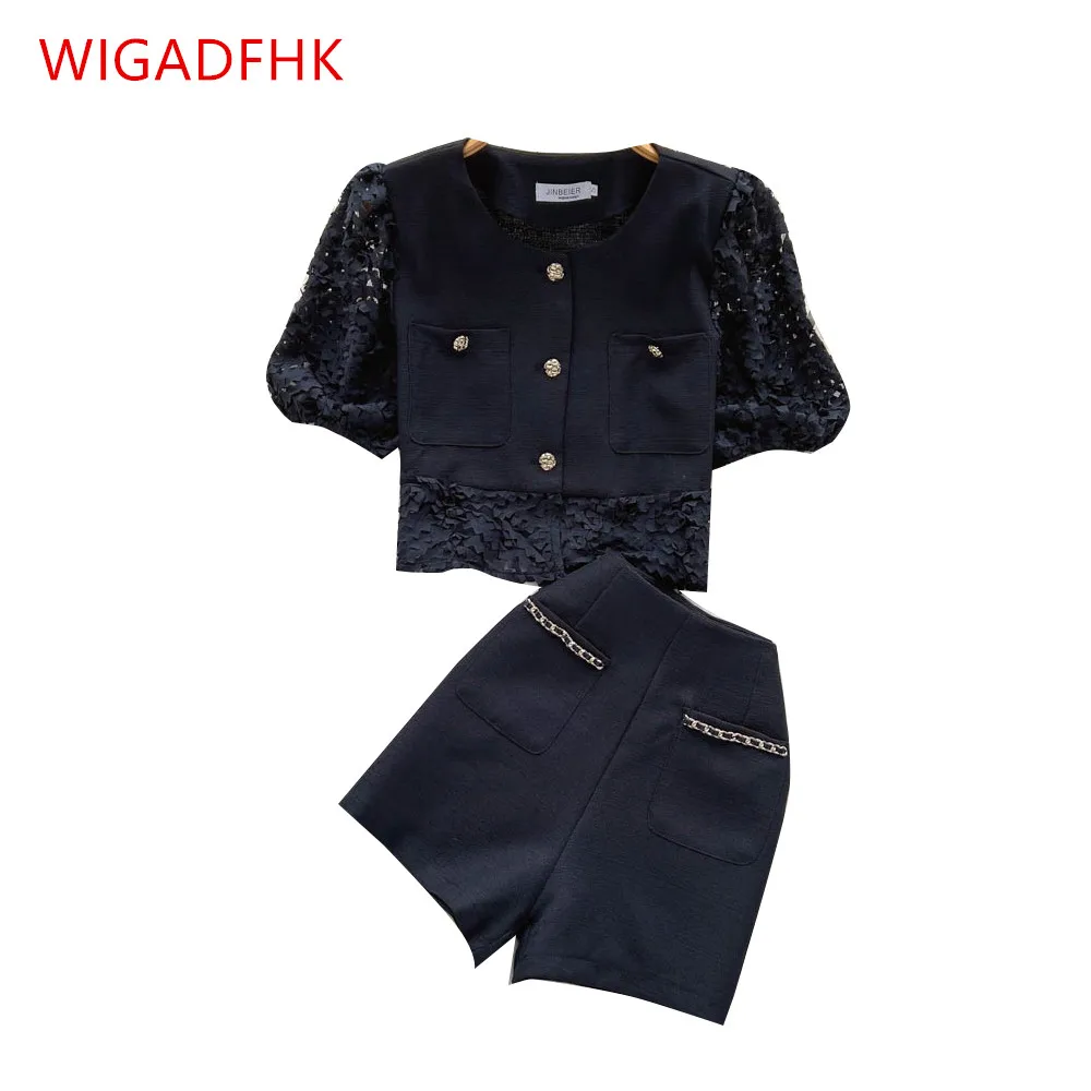 

Design Sense Small Fragrance Suit Female Summer Lace Stitching Cardigan Top High Waist Wide Leg Shorts Fashion Two-piece Set