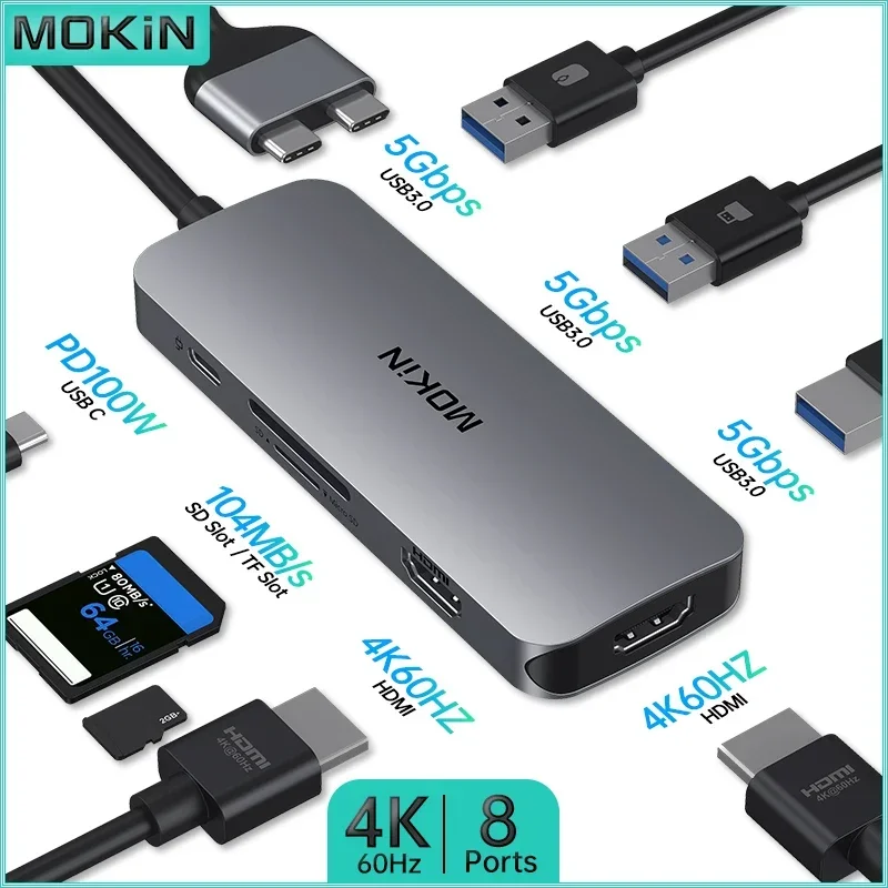 MOKiN 8 в 2 USB C Hub Док-станция HDMI 4K при 60 Гц Dual 3 USB3.0 5 Гбит/с PD 100 Вт SD/TF для MacBook Pro/Air M1 M2