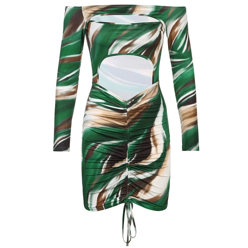 

Women Sexy Long Sleeve Off Shoulder Hollow Mini Bodycon Dress Camo Green Cut Out Waist Ruched Drawstring Front Clubwear