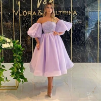 lilac short prom dresses 2021 off shoulder organza a line lace bodice puffy sleeves tea length evening formal party gowns
