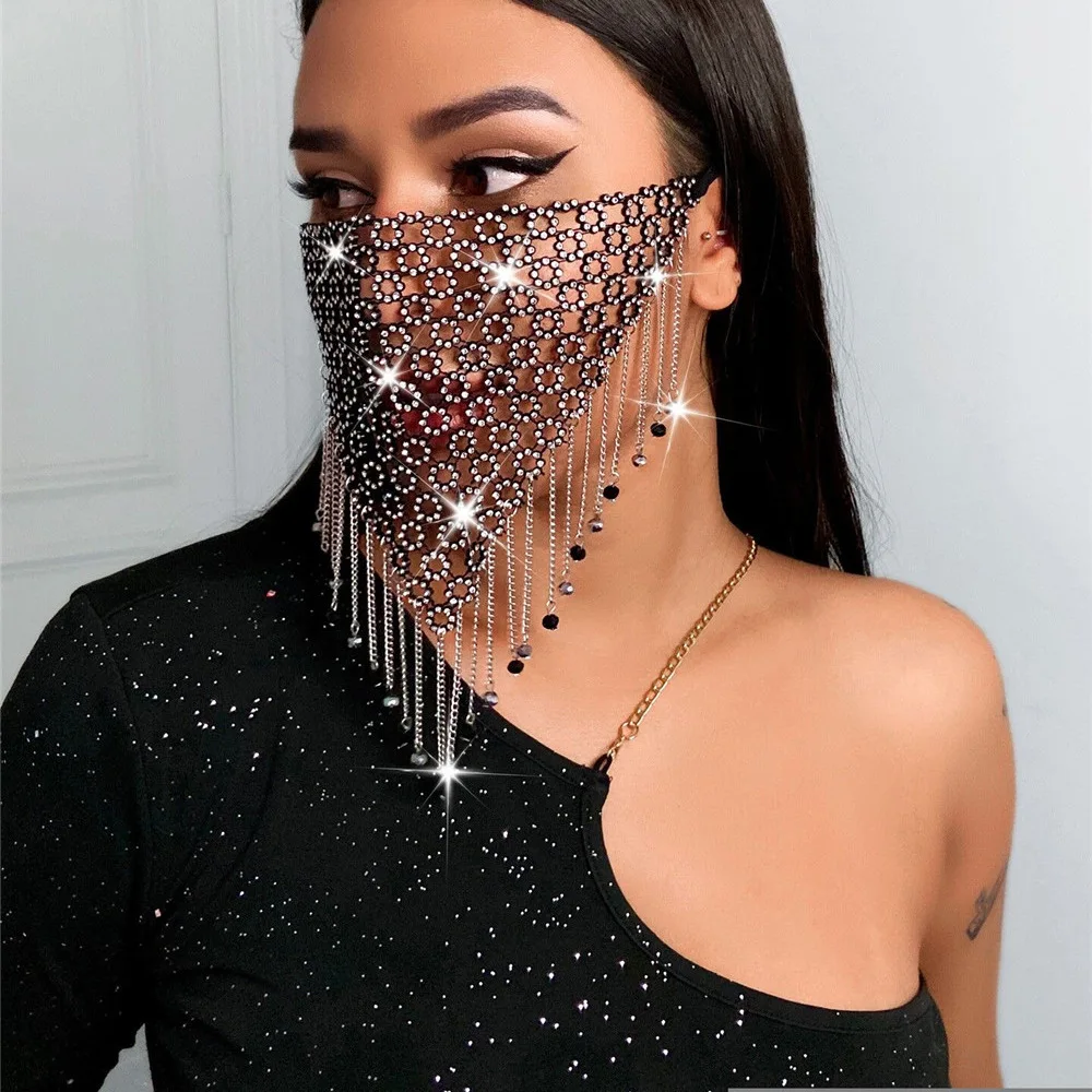 

Party Metal Tassel Mask Europe and the United States Rhinestone Tassel Head Chain Prom Face Jewelry Nightclub Face Mask