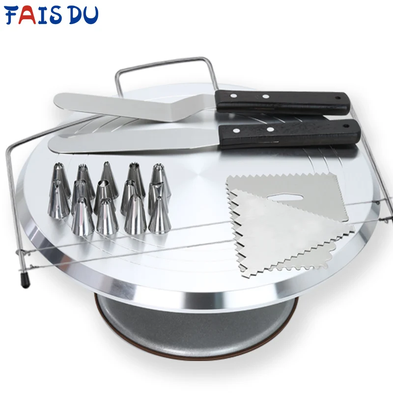

FAIS DU Cake Turntable Set Pastry Baking Decoration Accessories Tool Rotating Stainless Steel Cake Stand with Nozzles Scrapers
