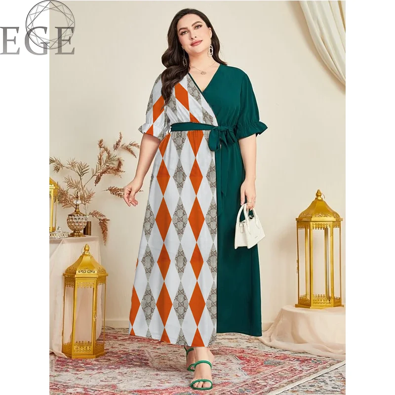Plus Size Contrasting Color Loose Dress 5XL6XL Geometric Print Long Dress Elegant Casual Commuting Plus Size Women's Clothing
