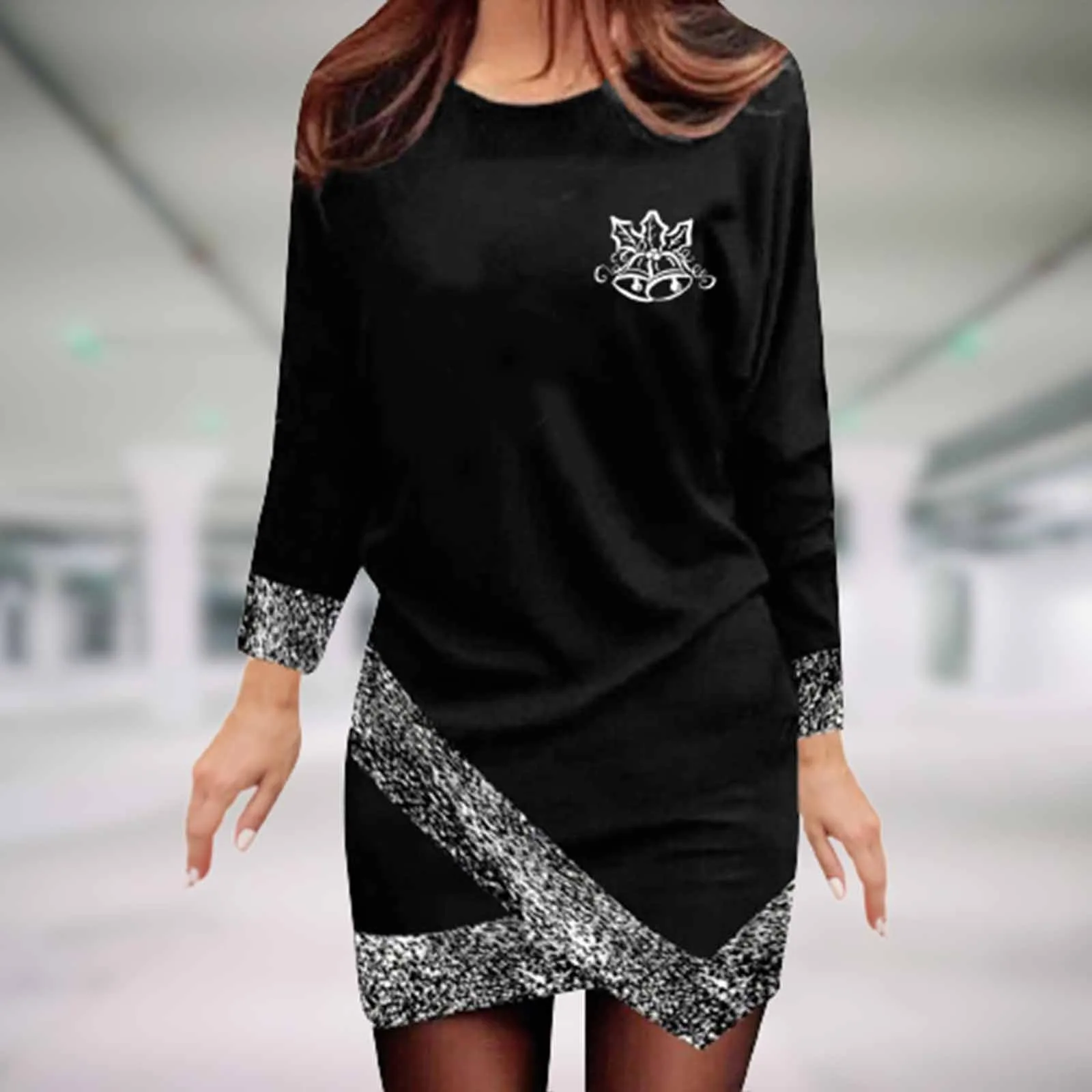 

Spring Autumn Dresses Women Round Neck Long Sleeve Irregular Hem Print Casual Dress Elegant Woman Slim Fit Mini Party Dress
