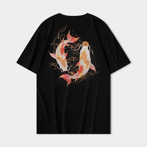 Lyprerazy Мужская футболка в китайском стиле с вышивкой рыбы кои, с коротким рукавом, Модные свободные хлопковые футболки в национальном стиле, топы