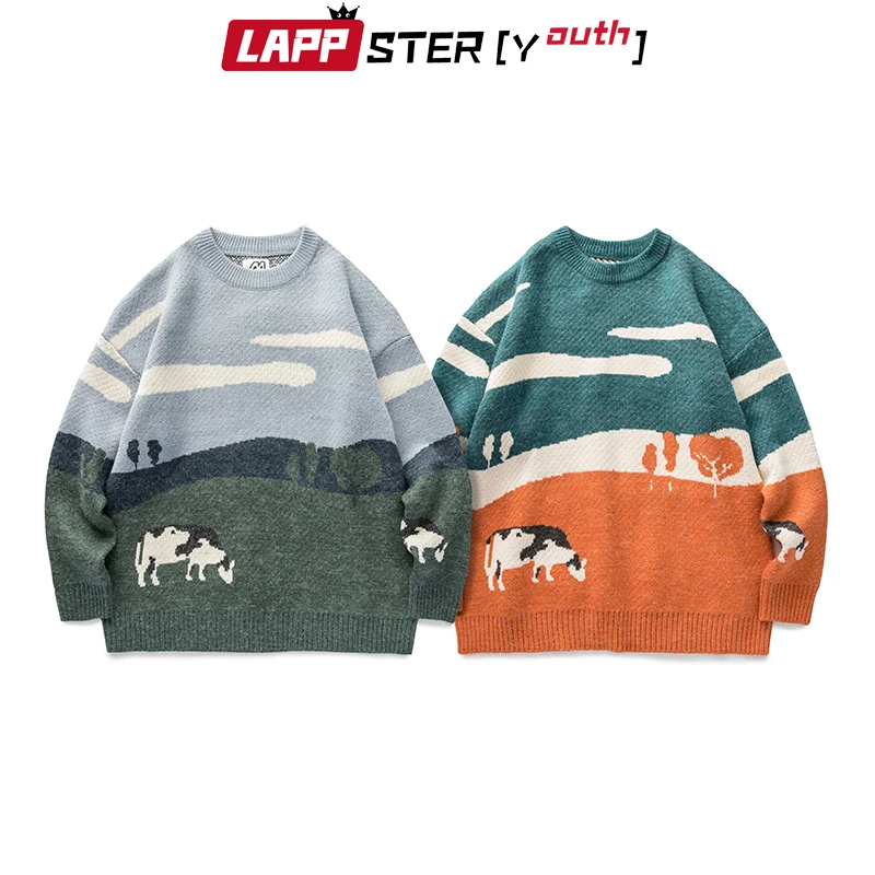 

LAPPSTER-Youth Men Cows Vintage Winter Sweaters 2022 Pullover Mens O-Neck Korean Fashions Sweater Women Casual FW40