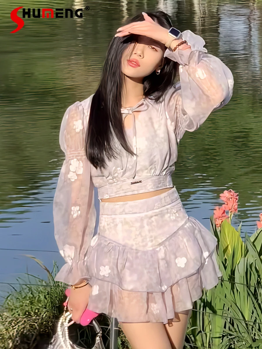 

Sexy Outfits for Woman 2022 Summer Women Fashion Slightly Transparent Long Sleeve Floral Top and Short Suit Skirt Two-Piece Set