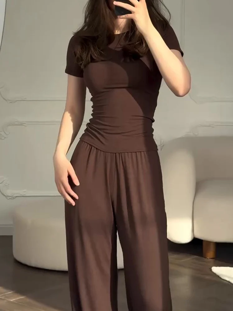 Повседневные длинные брючные костюмы женская футболка с круглым вырезом и