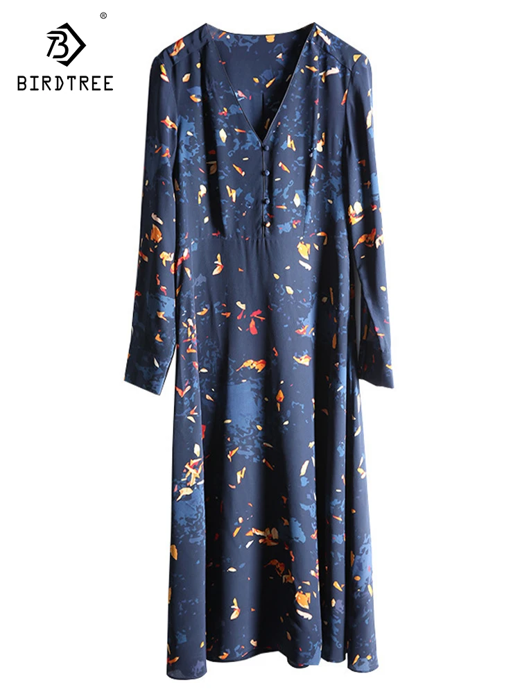 Birdtree 100%Mulberry Silk Print Flower Dress Women's Thick Silk Long Sleeve V-Neck Long Dress 2023 Summer New XS S M L D37473QC