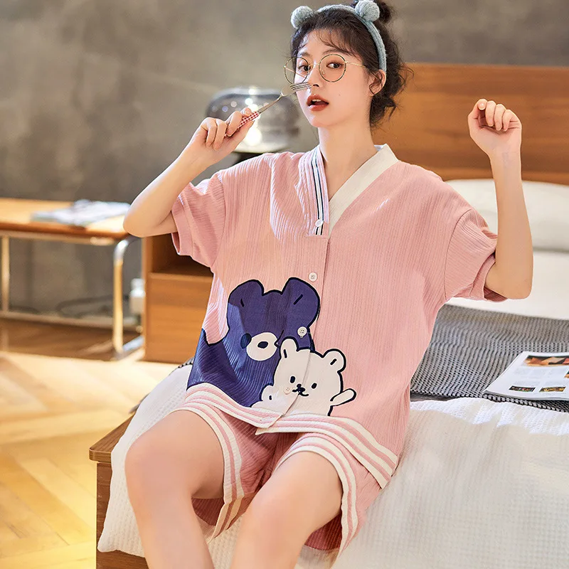 

2 Pieces Set kimono Sleepwear Plus Size M-2XL Women's Pajamas Set Japan Cute Nightwear Sleep Tops shorts Female Summer Pjs New