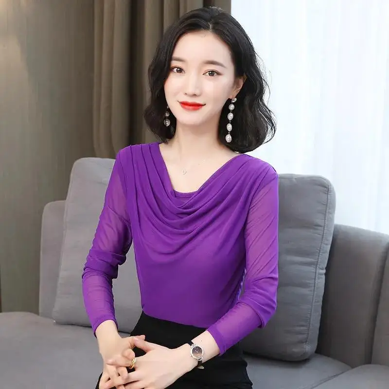 

Fashion Ladies Long Sleeve Mesh Blouse Women's Shirt Casual V-Neck Loose Stretch Summer OL Work Blouse Elegant Tops