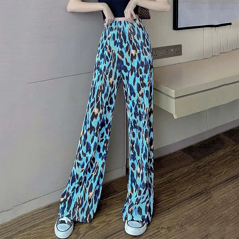 

2022 Women Summer Fashion Leopard Print Trousers Female Elastic Waist Loose Pants Ladies Ice Silk Casual Wide-leg Pants I133