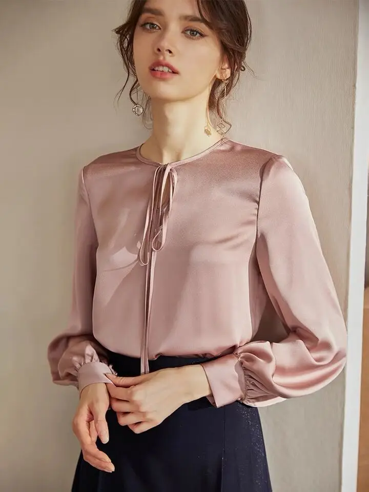 

Elegant Fashion Women Satin Blouse balloon Sleeve lace up bow tie Korean Long Sleeve Shirt Office Lady Spring ice silk Blusas