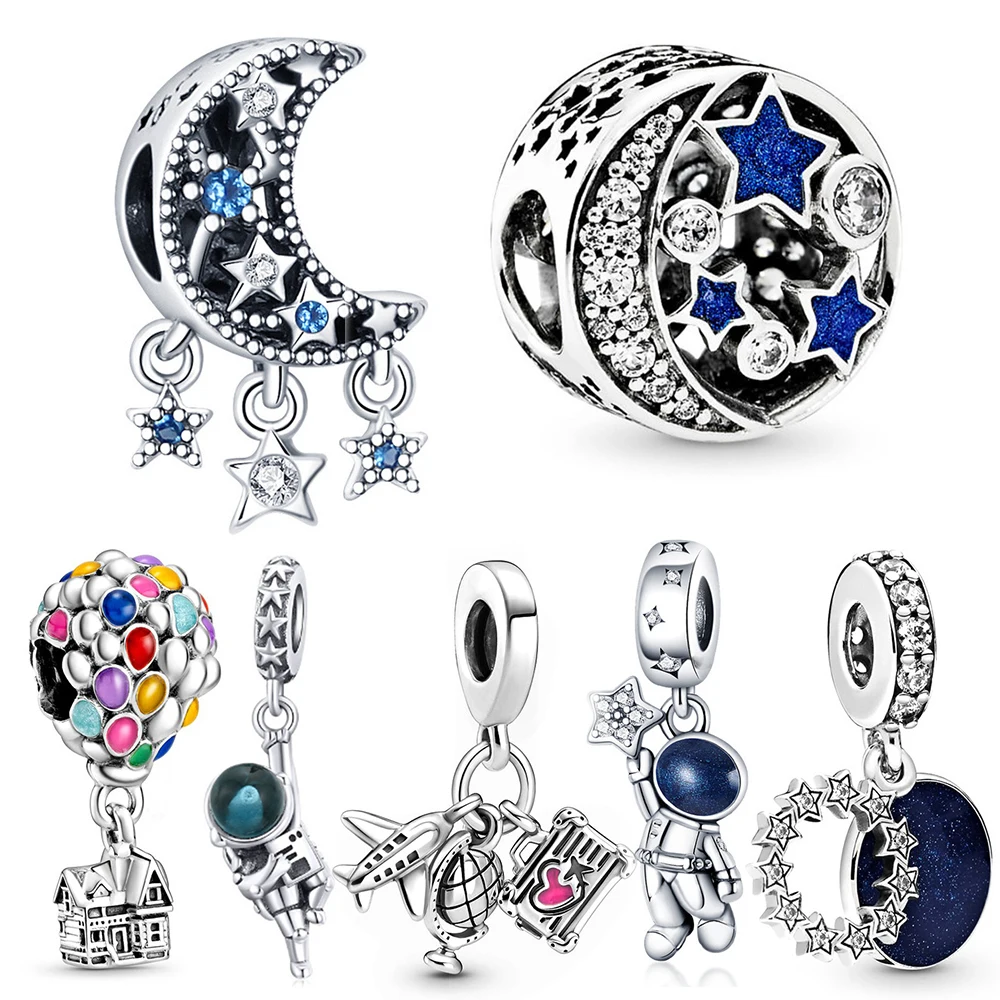 

JIALY New European Blue AAA CZ Astronaut Moon Plane DIY Charms Fit PD Original Bracelet Bead Jewelry For Women Pendant