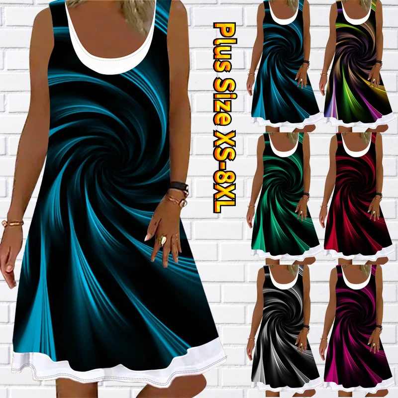 

2022 Summer Round Collar Loose Comfortable Temperament Vest Skirt Abstract Printing Sleeveless Dress Women's Fashion Midi Dress