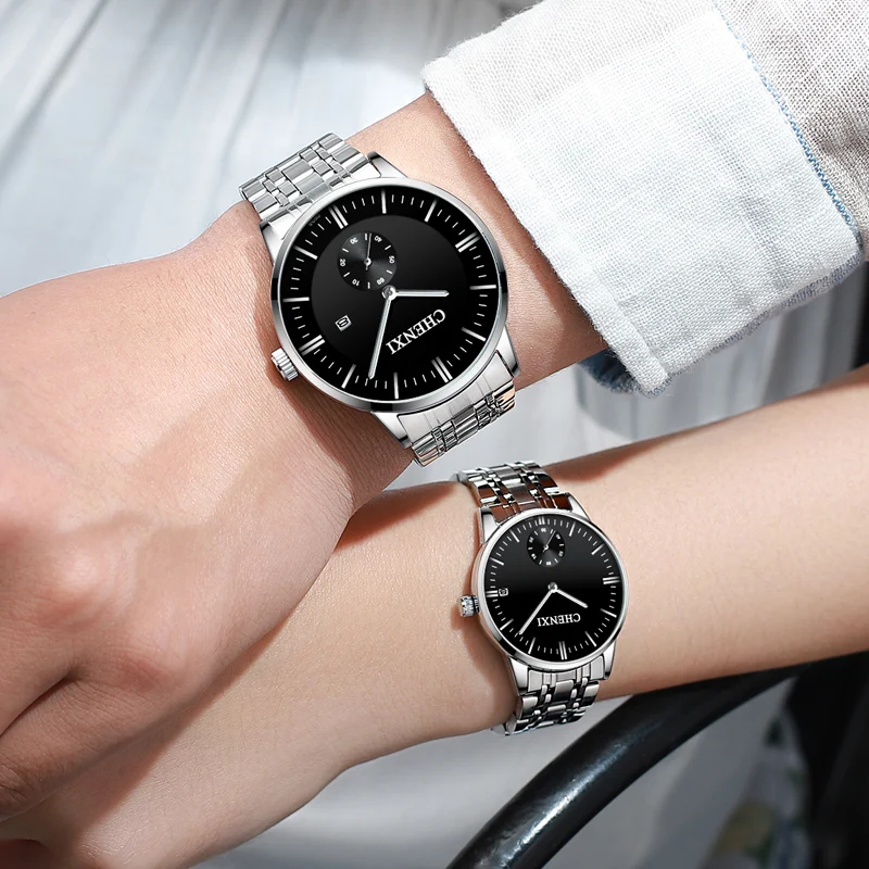 CHENXI Couple Watch Large Dial 43mm Ultra-thin Simple Men Watch Stainless Steel Quartz Date Watch For Women Gifts Lover Watches